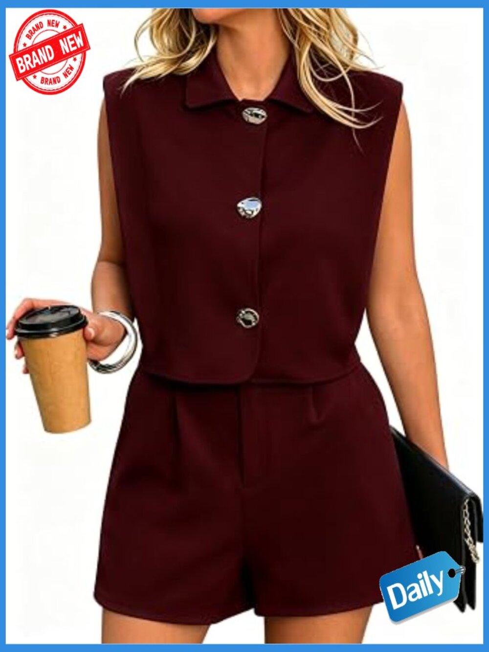 2 Piece Shorts Sets Sleeveless Button Vest Top High Waist Shorts Business Casual